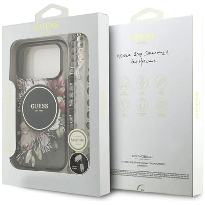 Guess IML Flowers Electro Pearl dirželis MagSafe – dėklas iPhone 17 Pro (juodas)