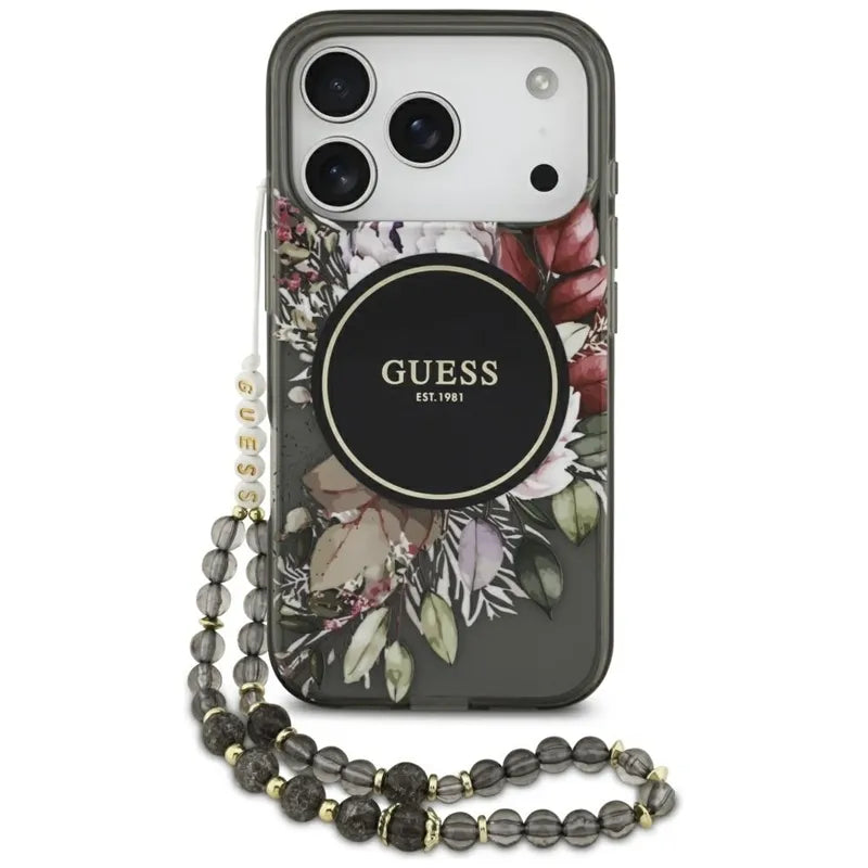 Guess IML Flowers Electro Pearl dirželis MagSafe – dėklas iPhone 17 Pro (juodas)