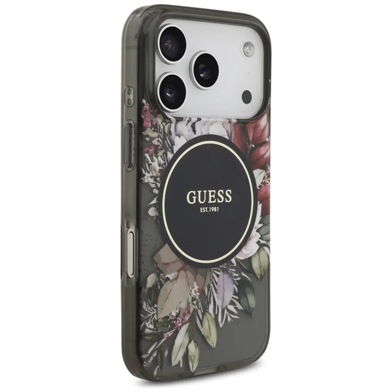 Guess IML Flowers Electro Pearl dirželis MagSafe – dėklas iPhone 17 Pro (juodas)