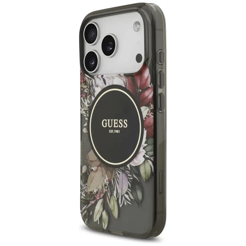 Guess IML Flowers Electro Pearl dirželis MagSafe – dėklas iPhone 17 Pro (juodas)
