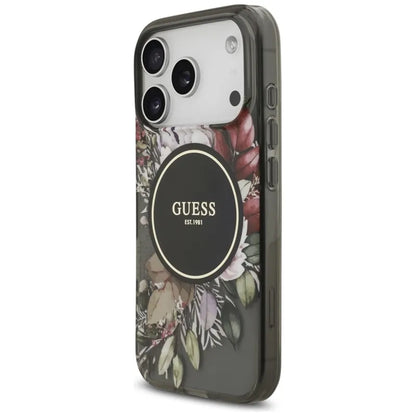 Guess IML Flowers Electro Pearl dirželis MagSafe – dėklas iPhone 17 Pro (juodas)