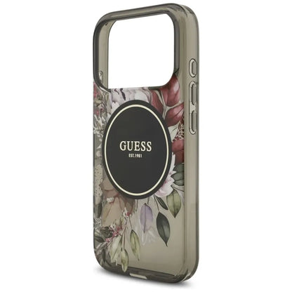 Guess IML Flowers Electro Pearl dirželis MagSafe – dėklas iPhone 17 Pro (juodas)
