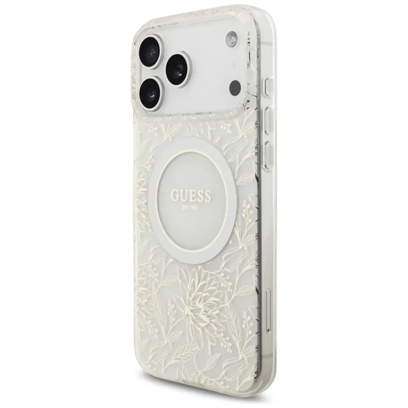 Guess IML Flowers Electro Pearl Strap MagSafe - Dėklas iPhone 17 Pro Max (baltas)