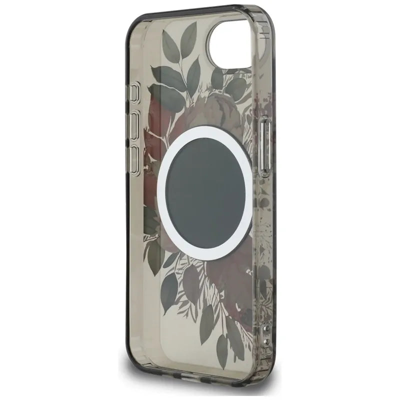 Guess IML Flowers MagSafe – dėklas skirtas iPhone 16e (juodas)