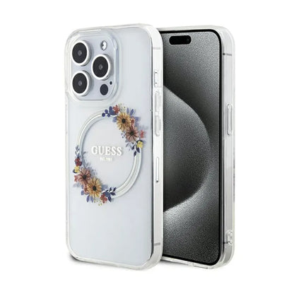 Guess IML Flowers Wreath MagSafe – dėklas, skirtas iPhone 15 Pro Max (skaidrus)