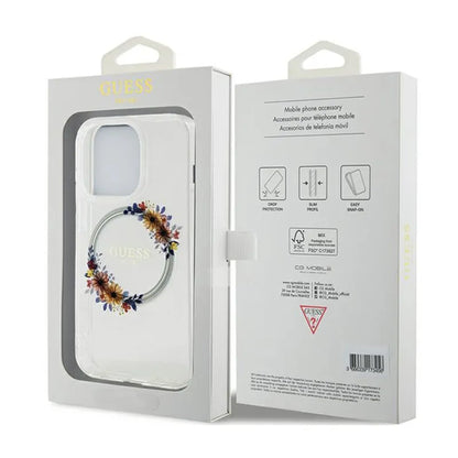 Guess IML Flowers Wreath MagSafe – dėklas, skirtas iPhone 15 Pro Max (skaidrus)
