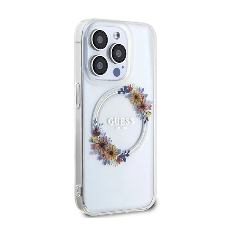 Guess IML Flowers Wreath MagSafe – „iPhone 15 Pro“ dėklas (skaidrus)