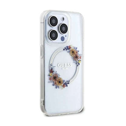 Guess IML Flowers Wreath MagSafe – „iPhone 15 Pro“ dėklas (skaidrus)