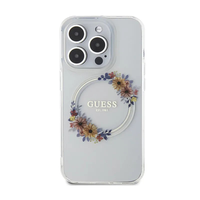 Guess IML Flowers Wreath MagSafe – „iPhone 15 Pro“ dėklas (skaidrus)