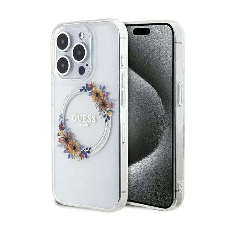 Guess IML Flowers Wreath MagSafe – „iPhone 15 Pro“ dėklas (skaidrus)