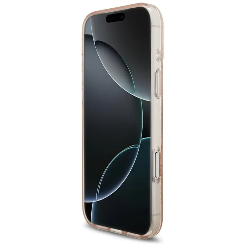 Guess IML Gėlės Elektrinė Perlų Rankenėlė MagSafe dėklas iPhone 17 Pro Max (rožinė)