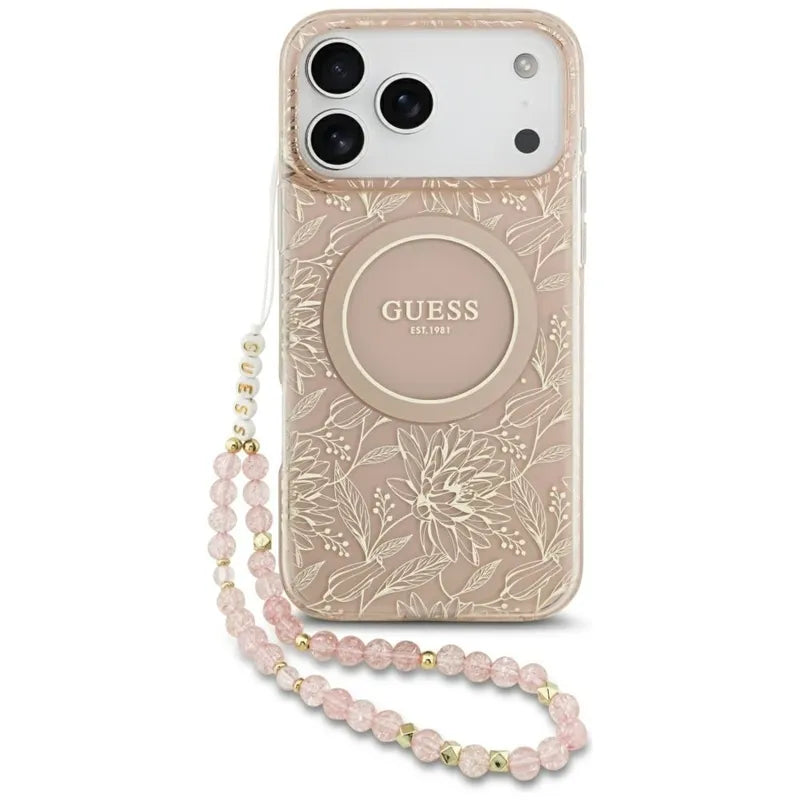 Guess IML Gėlės Elektrinė Perlų Rankenėlė MagSafe dėklas iPhone 17 Pro Max (rožinė)
