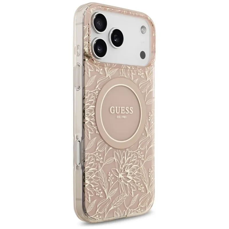 Guess IML Gėlės Elektrinė Perlų Rankenėlė MagSafe dėklas iPhone 17 Pro Max (rožinė)