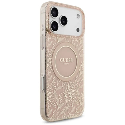 Guess IML Gėlės Elektrinė Perlų Rankenėlė MagSafe dėklas iPhone 17 Pro Max (rožinė)