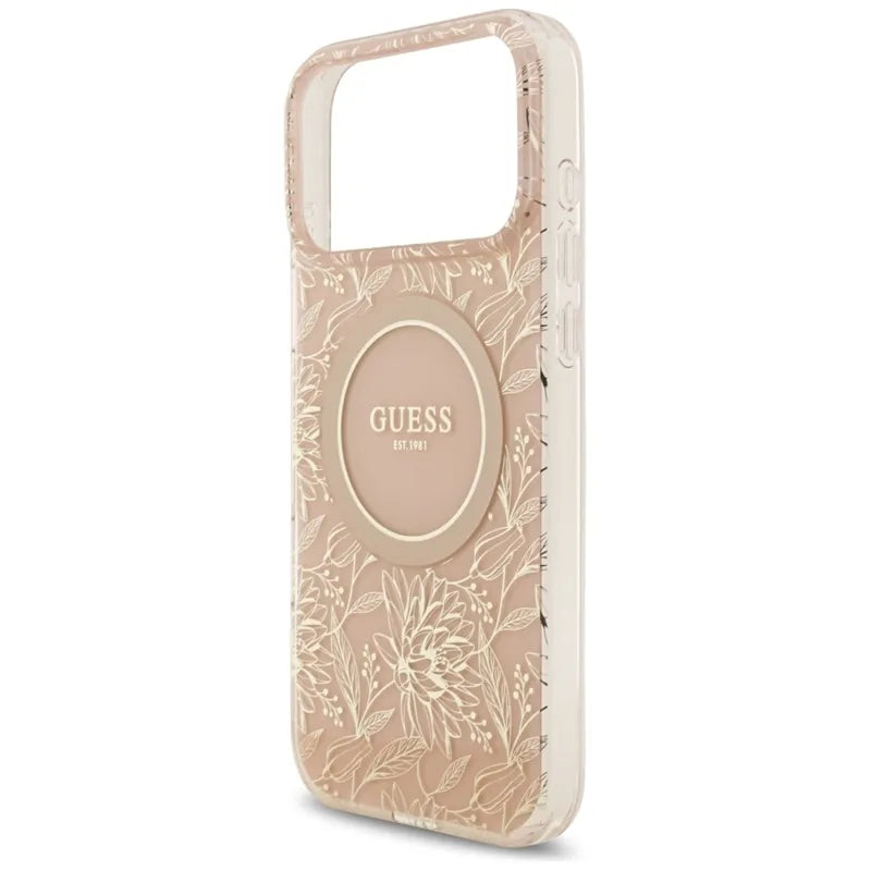 Guess IML Gėlės Elektrinė Perlų Rankenėlė MagSafe dėklas iPhone 17 Pro Max (rožinė)