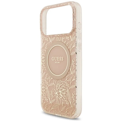 Guess IML Gėlės Elektrinė Perlų Rankenėlė MagSafe dėklas iPhone 17 Pro Max (rožinė)