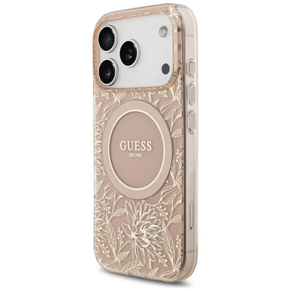 Guess IML Gėlės Elektrinis Perlų Dirželis MagSafe dėklas iPhone 17 Pro (rožinis)