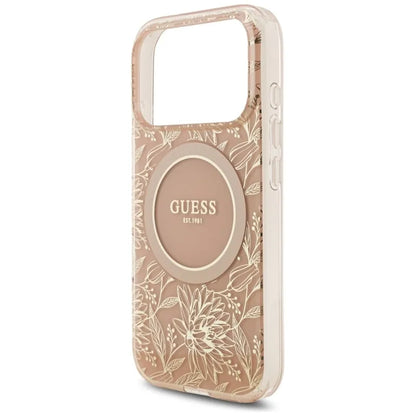 Guess IML Gėlės Elektrinis Perlų Dirželis MagSafe dėklas iPhone 17 Pro (rožinis)