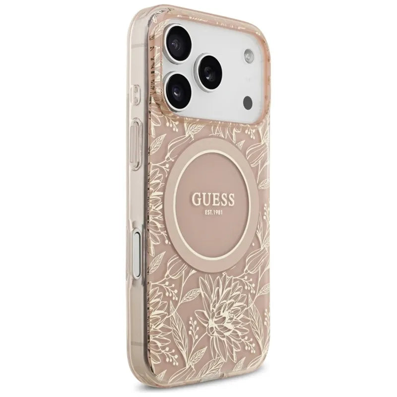 Guess IML Gėlės Elektrinis Perlų Dirželis MagSafe dėklas iPhone 17 Pro (rožinis)