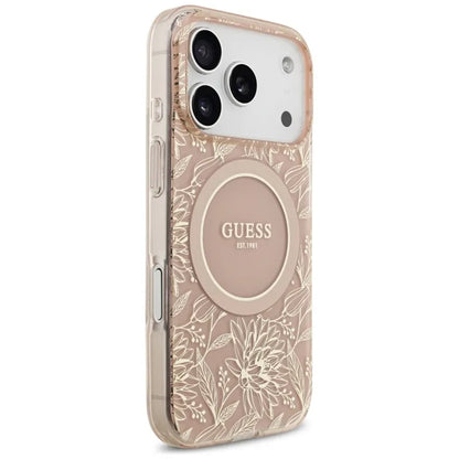 Guess IML Gėlės Elektrinis Perlų Dirželis MagSafe dėklas iPhone 17 Pro (rožinis)