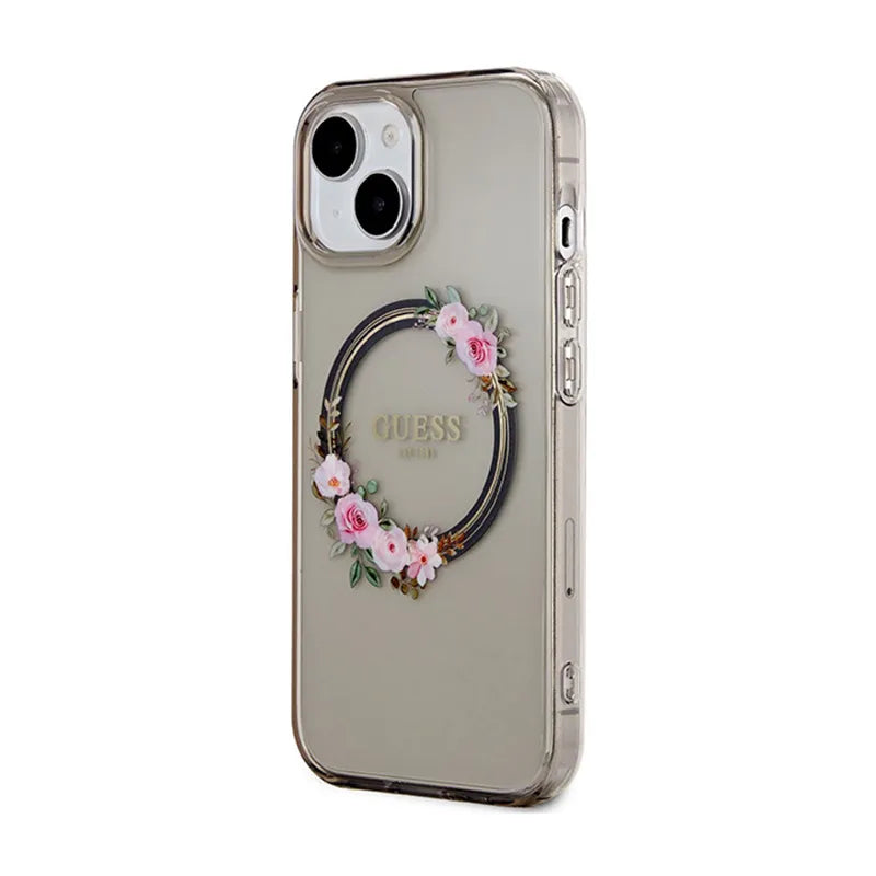 Guess IML Gėlių vainikas MagSafe – dėklas iPhone 15 (juodas)