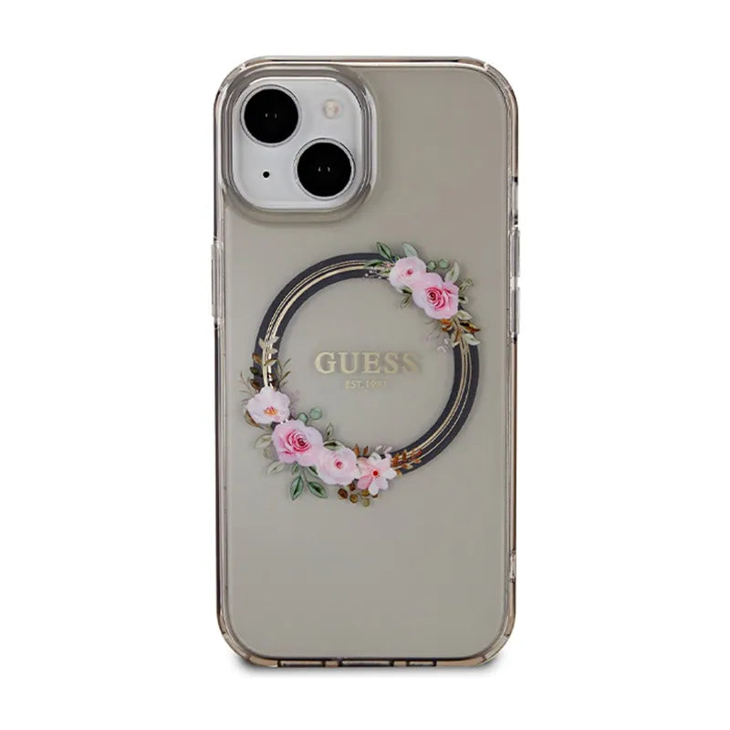Guess IML Gėlių vainikas MagSafe – dėklas iPhone 15 (juodas)