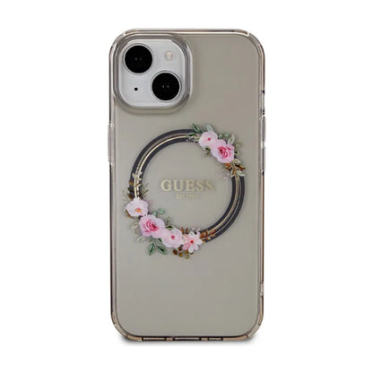 Guess IML Gėlių vainikas MagSafe – dėklas iPhone 15 (juodas)