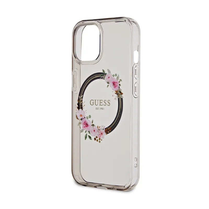 Guess IML Gėlių vainikas MagSafe – dėklas iPhone 15 (juodas)