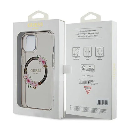 Guess IML Gėlių vainikas MagSafe – dėklas iPhone 15 (juodas)