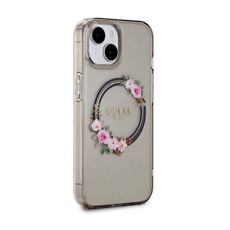 Guess IML Gėlių vainikas MagSafe – dėklas iPhone 15 (juodas)