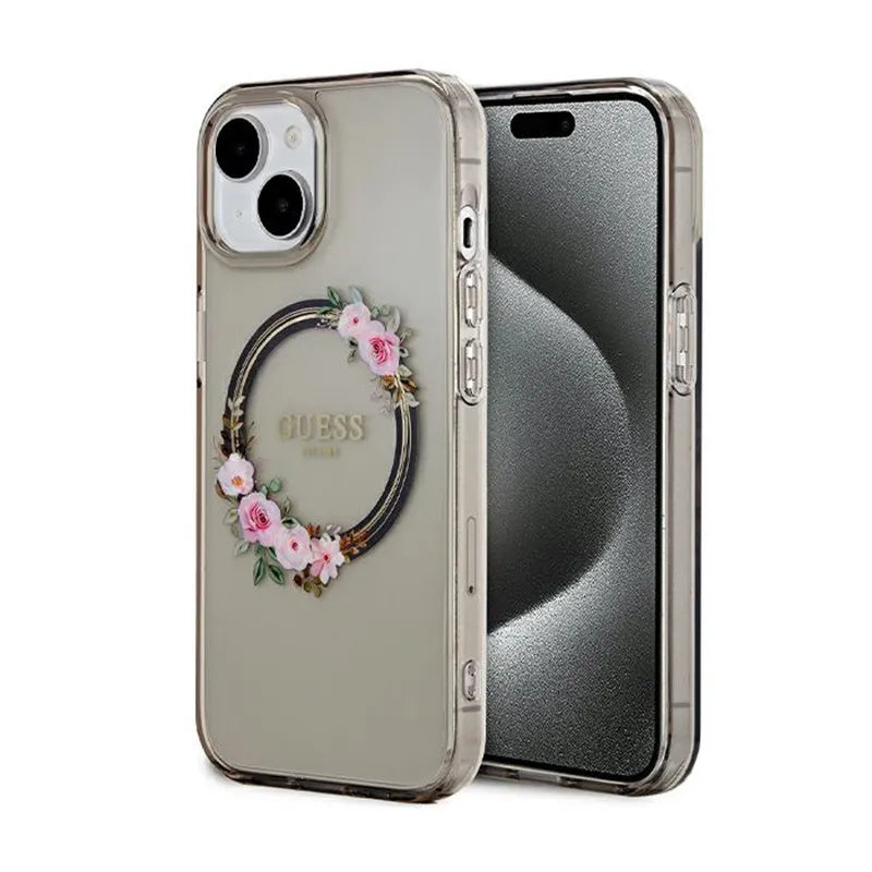 Guess IML Gėlių vainikas MagSafe – dėklas iPhone 15 (juodas)