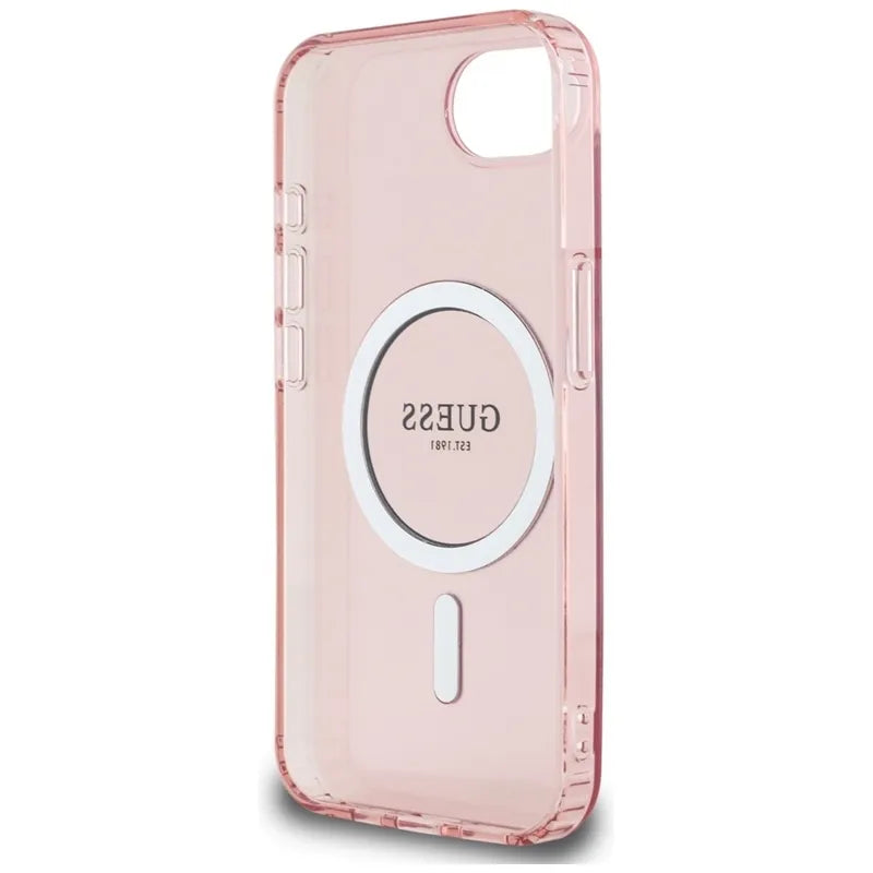 Guess IML Glitter Circle MagSafe – dėklas, skirtas iPhone 16e (rožinis)