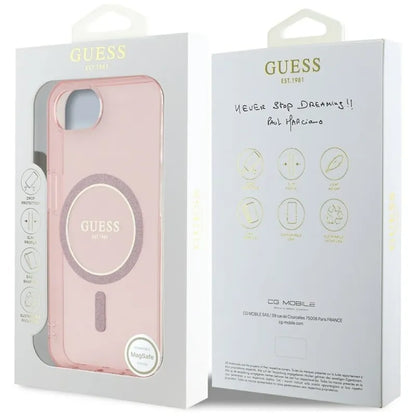 Guess IML Glitter Circle MagSafe – dėklas, skirtas iPhone 16e (rožinis)