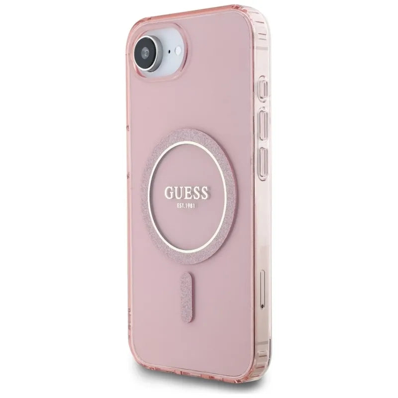 Guess IML Glitter Circle MagSafe – dėklas, skirtas iPhone 16e (rožinis)