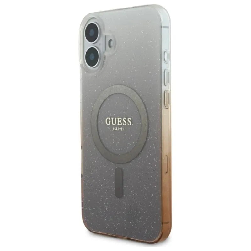 Guess IML Glitter Gradient MagSafe – Dėklas iPhone 16 (rudos spalvos)
