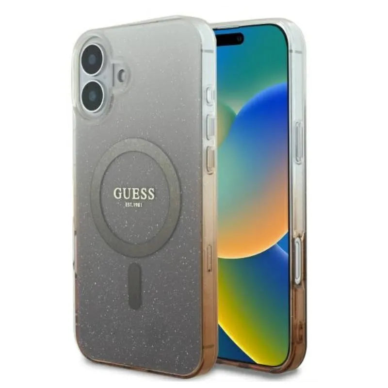 Guess IML Glitter Gradient MagSafe – Dėklas iPhone 16 (rudos spalvos)