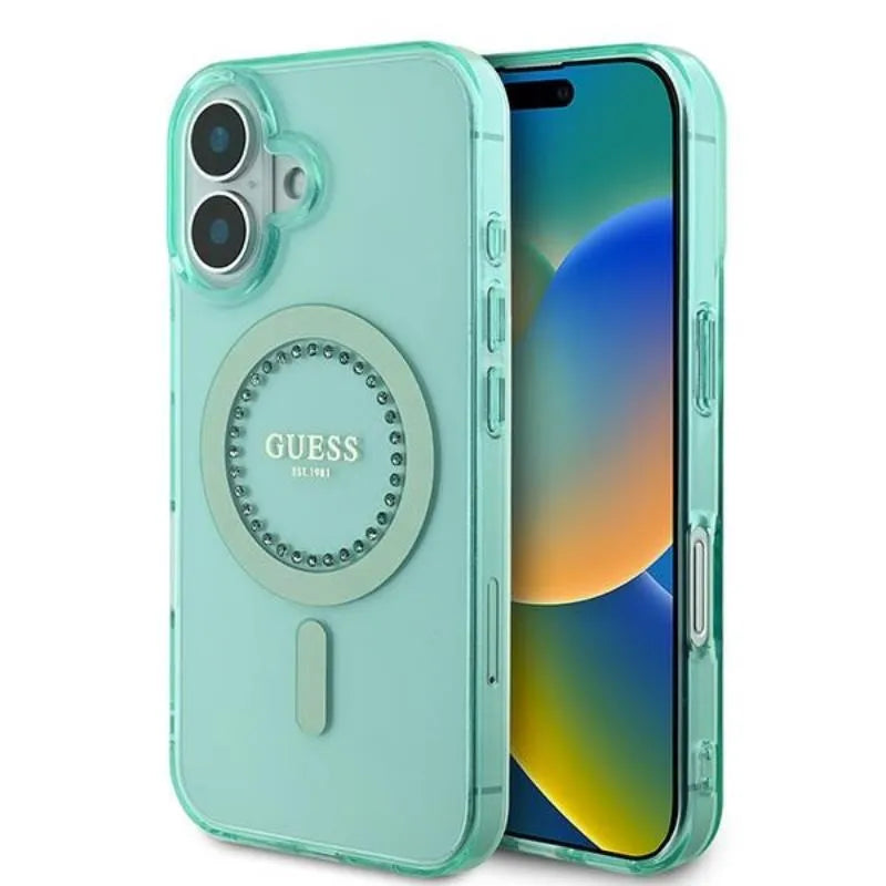 Guess IML kalnų krištolai MagSafe – dėklas skirtas iPhone 16 Plus (žalias)