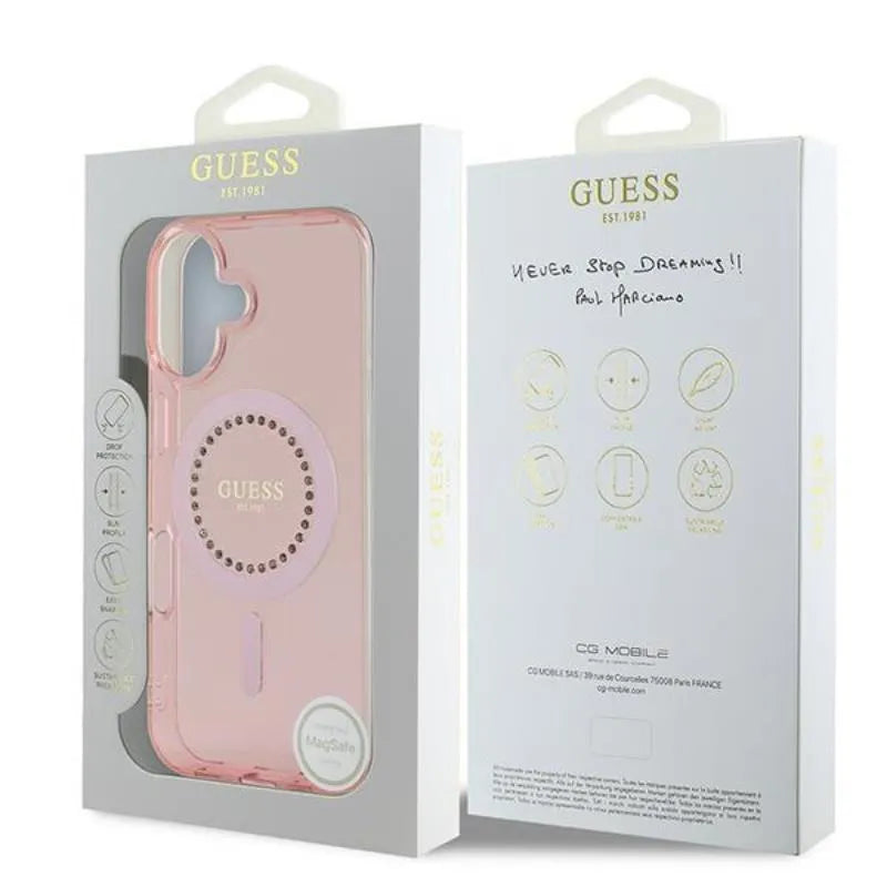 Guess IML kalnų krištolai MagSafe – dėklas skirtas iPhone 16 (rožinis)