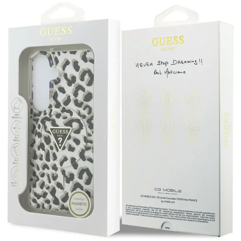 Guess IML Leopard Print Triangle MagSafe - Samsung Galaxy S26 dėklas (juodas)