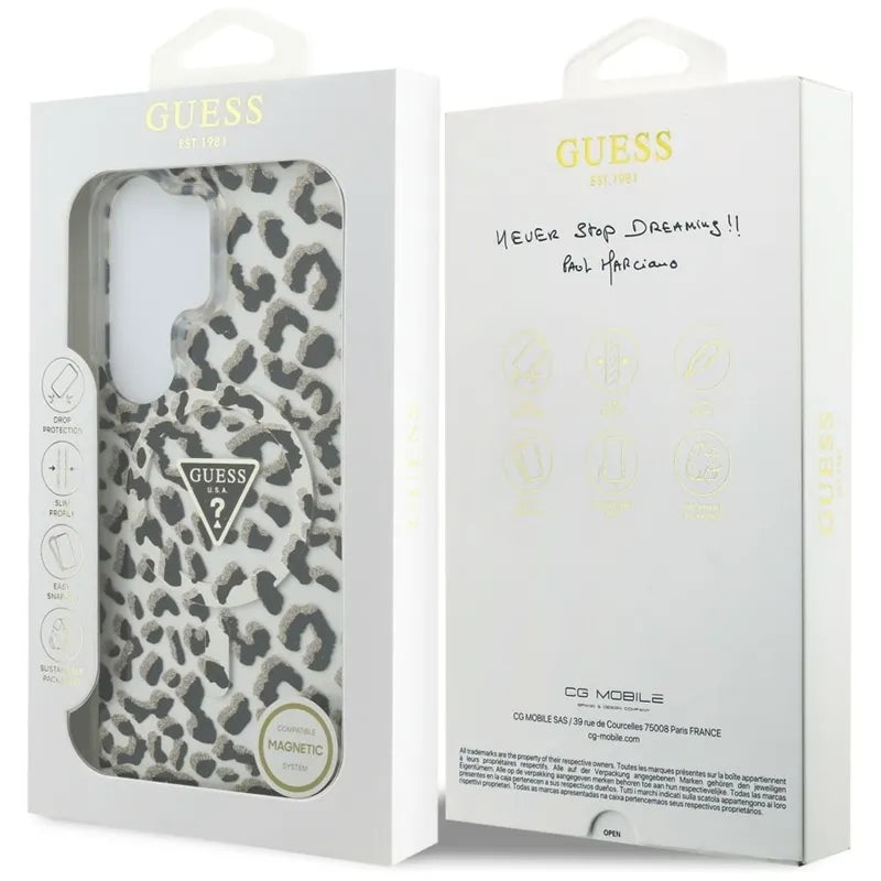 Guess IML Leopard Print Triangle MagSafe - Samsung Galaxy S26 Ultra dėklas (juodas)