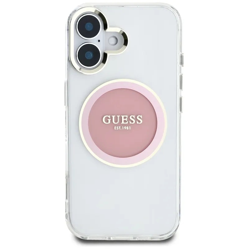 Guess IML Metal Colored Circle Classic Logo MagSafe – dėklas iPhone 16 (rožinis)
