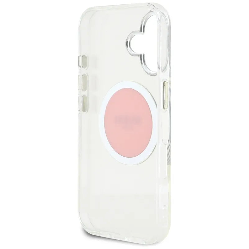 Guess IML Metal Colored Circle Classic Logo MagSafe – dėklas iPhone 16 (rožinis)