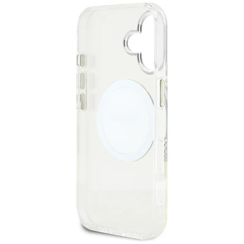 Guess IML Metal Colored Circle Classic Logo MagSafe – dėklas, skirtas „iPhone 16“ (baltas)