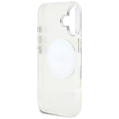 Guess IML Metal Colored Circle Classic Logo MagSafe – dėklas, skirtas „iPhone 16“ (baltas)