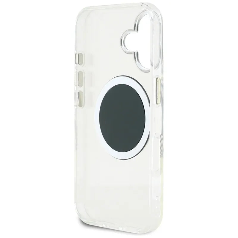 Guess IML Metal Colored Circle Classic Logo MagSafe – dėklas, skirtas „iPhone 16“ (juodas)