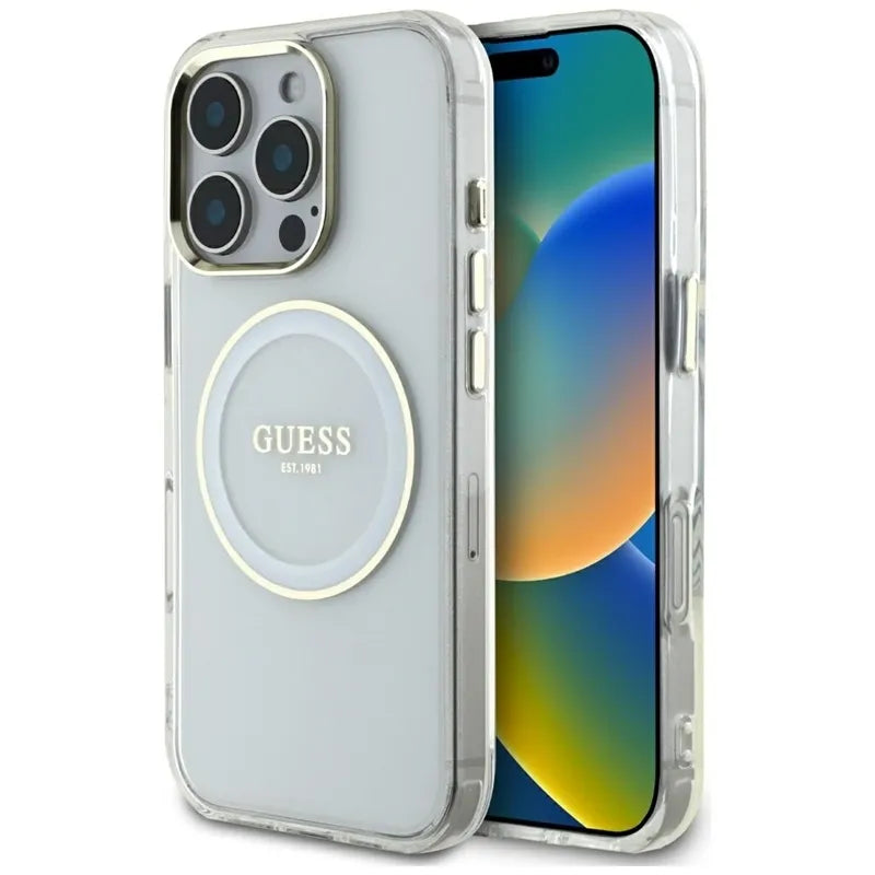 Guess IML Metal Colored Circle Classic Logo MagSafe – dėklas, skirtas iPhone 16 Pro (baltas)