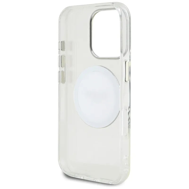 Guess IML Metal Colored Circle Classic Logo MagSafe – dėklas, skirtas iPhone 16 Pro (baltas)