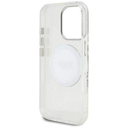 Guess IML Metal Colored Circle Classic Logo MagSafe – dėklas, skirtas iPhone 16 Pro (baltas)