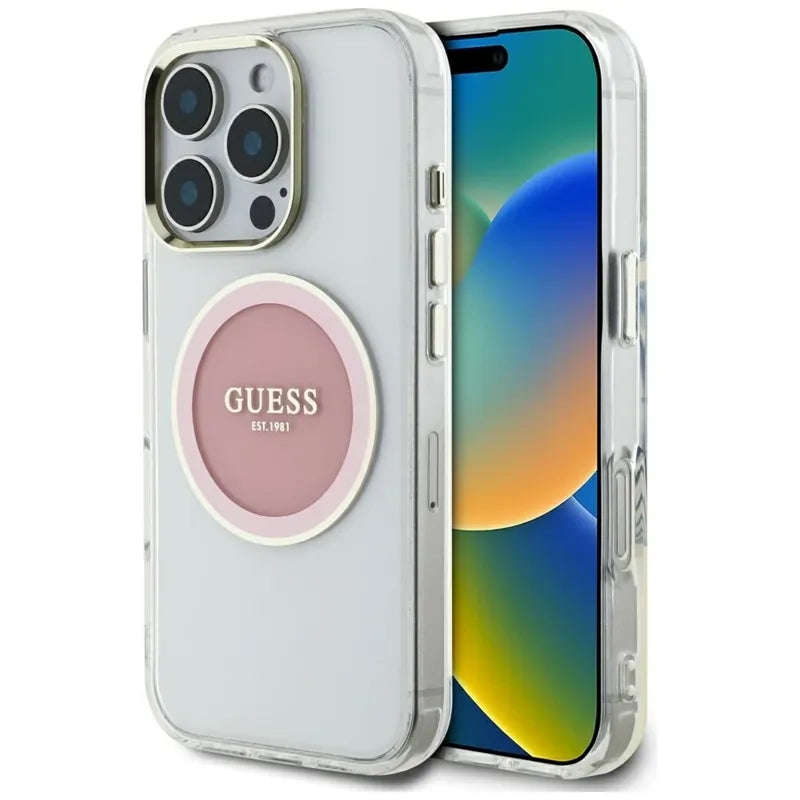 Guess IML Metal Colored Circle Classic Logo MagSafe – dėklas, skirtas iPhone 16 Pro (rožinis)
