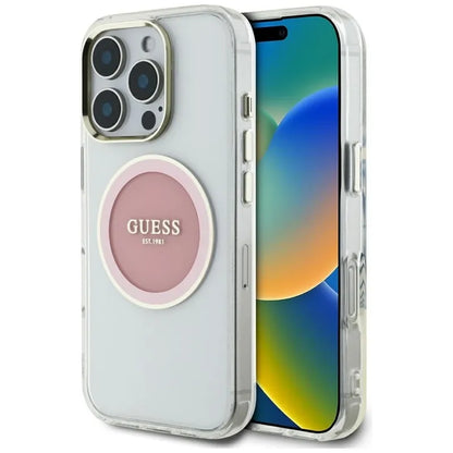 Guess IML Metal Colored Circle Classic Logo MagSafe – dėklas, skirtas iPhone 16 Pro (rožinis)